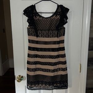 BCBGMAXAZRIA Cream Black Lace & Silk Blend Dress Size 8